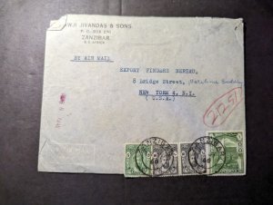 1946 British Zanzibar Airmail Cover to New York NY UA