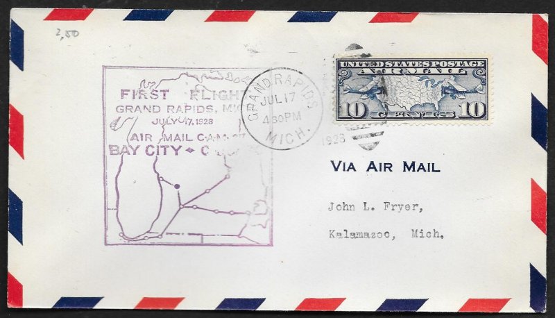 UNITED STATES First Flight Cover 1928 Grand Rapids to Kalamazoo