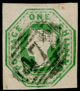 SG55, 1s green, CUT SQUARE, FINE USED. Cat £1000. 4 MARGINS.