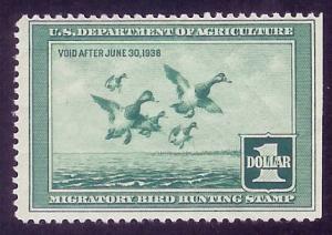 US #RW4 $1 (1937) GREATER SCAUPS, GREEN, MogPH