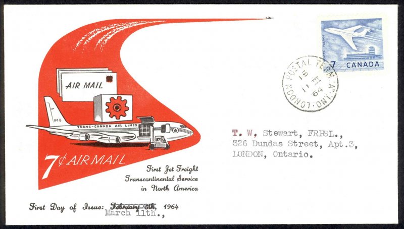 Canada Sc# 414 (cachet) FDC (b) (London, ON) 1964 3.2 Jet Plane