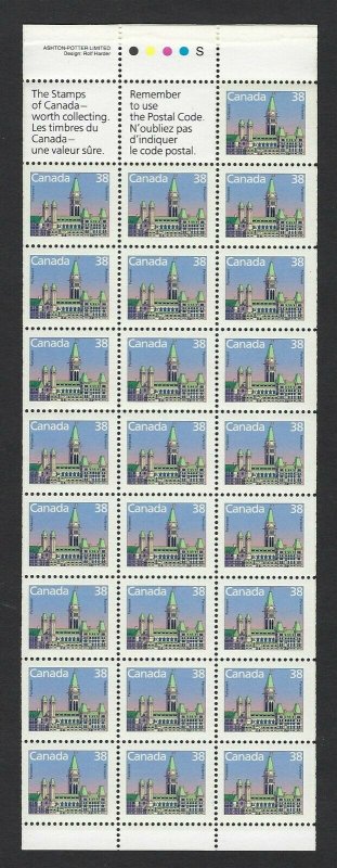 Canada Scott #1165b pane of 25+2 labels - 38c Parliament, Slater paper, VF-NH