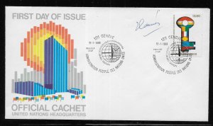 UN Geneva 89 New Economic Order on Headquarters Cachet FDC signed by Designer