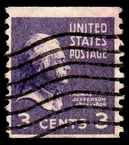 U.S. Scott #842: 1939 3¢ Thomas Jefferson Vertical Coil, Used, F/VF