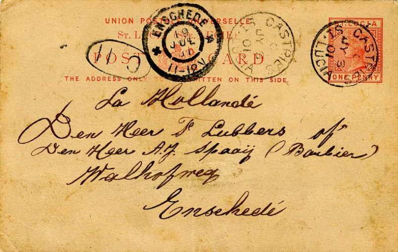 Saint Lucia 1d QV Postal Card 1901 Castries, St. Lucia to Enschede, Netherlan...