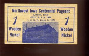 1938 NORTHWEST IOWA CENTENNIAL PAGEANT Wooden Nickel (L271) LEMARS