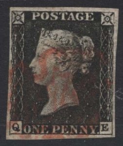 GB 1840 1d black plate 4 QE vfu, 4 good margins, neat red MX, sg2