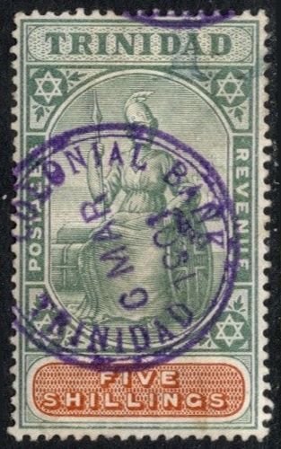 1896 Trinidad Revenue 5 Shillings Britannia Postage & Revenue