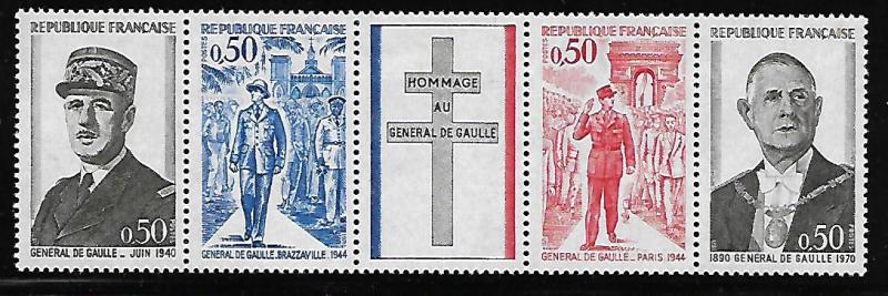 FRANCE 1325a MNH CHARLES DE GAULLE STRIP OF 4 WITH LABLE 1971