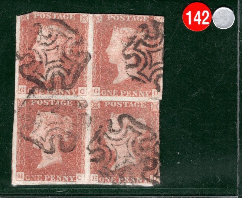 GB QV 1841 Penny Red SG8 1d Plate 21 (GC-HD) BLOCK{4} Used MXs Cat £850- REDS142