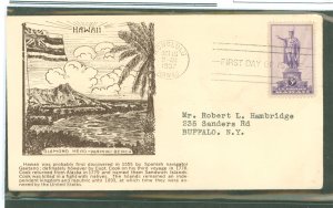 US 799 1937 3c Hawaii (part of the US Possessions series) single on an addressed first day cover with a Worldwide/Heyl cachet.