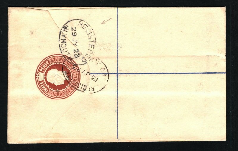 SIERRA LEONE KGV Cover Freetown Registered Plymouth GB Huddersfield 1923 PB223