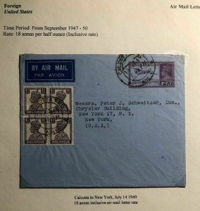 1949 Calcutta India Airmail Stationary Cover To New York USA