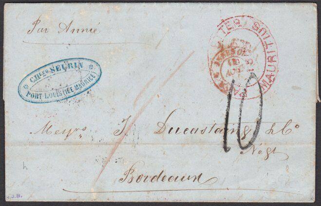 MAURITIUS 1855 entire to France with PACKET LETTER / MAURITIUS in red.....29187