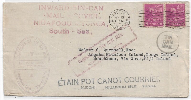 Lafayette, IN to Niuafoou Island, Tonga via Fiji 1941 2 x 4c Prexies (49541)