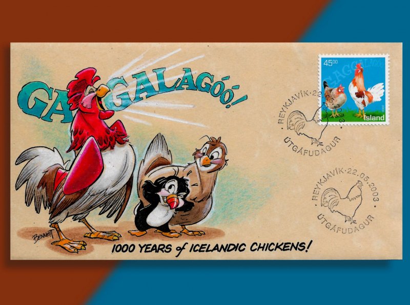 GAGGALAGÓÓ!! That's What Iceland Chickens Say!! Handcolored Fowl FDC from 2003