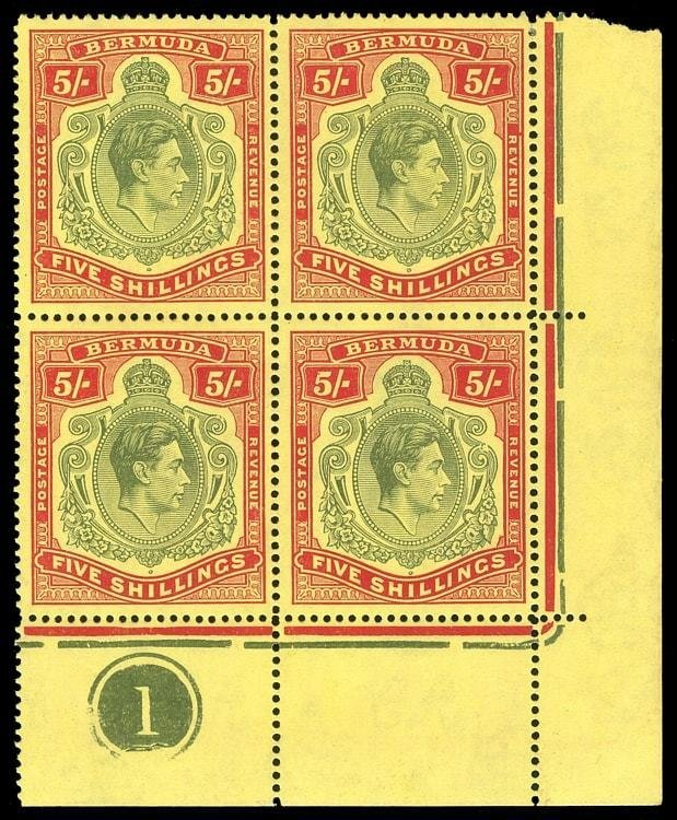 Bermuda 1941 KGVI 5s BROKEN SCROLL varieties Plate 1 block. SG 118b,188bd,118be.
