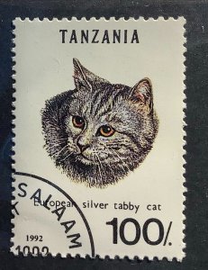 Tanzania 1992 Scott 967E CTO - 100sh, Cat, European Silver Tabby