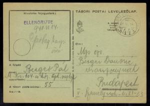 1941 Hungary Tabor Internment Camp Censor Postcard Cover to Budapest