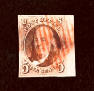 1847 Sc. 1 VF right margin copy, used with red grid cancel and PF cert.