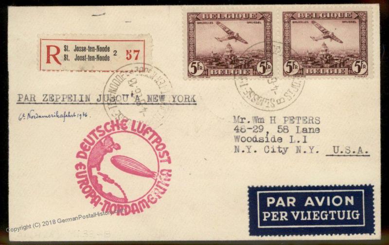 Belgium 1936 Hindenburg Zeppelin Germany Si428 6th NAF Flown Cover 90725