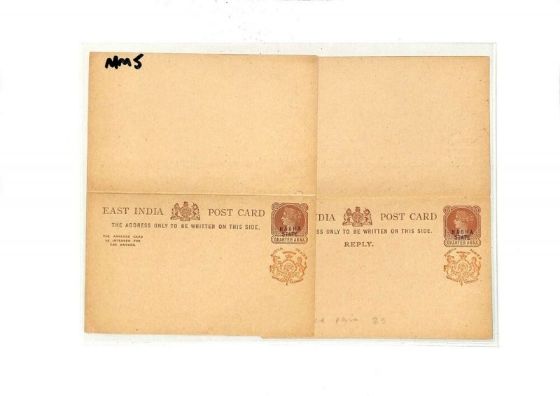 East India NABHA STATE Overprint QV Reply Postcards Matched Pair{2}{samwells}MM5