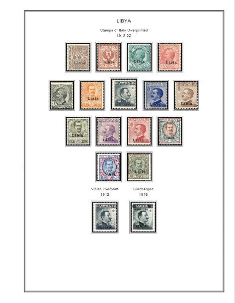 COLOR PRINTED ITALIAN LIBYA 1912-1942 STAMP ALBUM PAGES (24 illustrated pages)