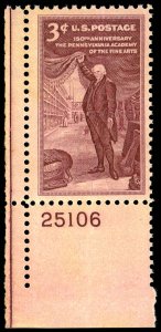 US Sc 1064 VF/MNH PLATE# SGL - 1955 3¢ Penn. Academy of Fine Art