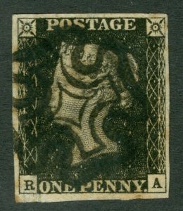 SG 2 1d black plate 6 lettered RA. Very fine used with a black Maltese cross...