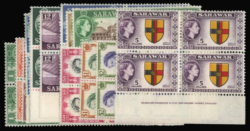 Sarawak #197/211 Cat$416, 1955-57 QEII, complete except for the 30c, blocks o...