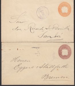 Costa Rica 1890 Arms Type Postal Stationery, 5c to San Jose, 10c to Germany