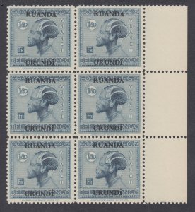 Ruanda Urundi Sc 32 MNH. 1924 1.50fr dull blue Native, sheet margin block of 6