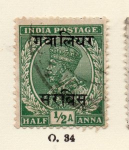 India Gwalior 1920s Early Issue Fine Used 1/2a. Optd 266653