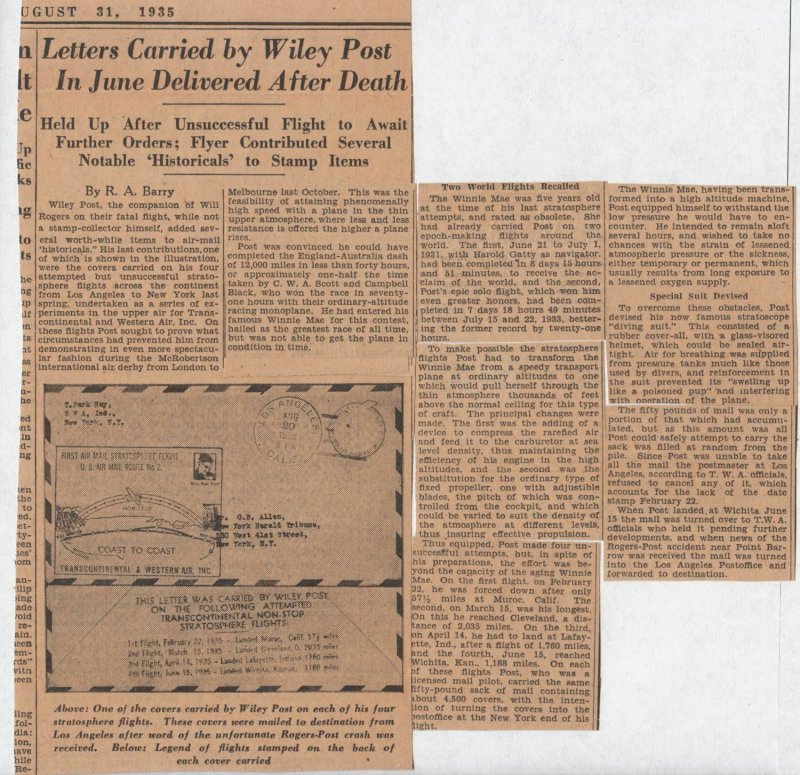 1935 Wiley Post transcontinent stratospheric Airmail flight, California to NY (H