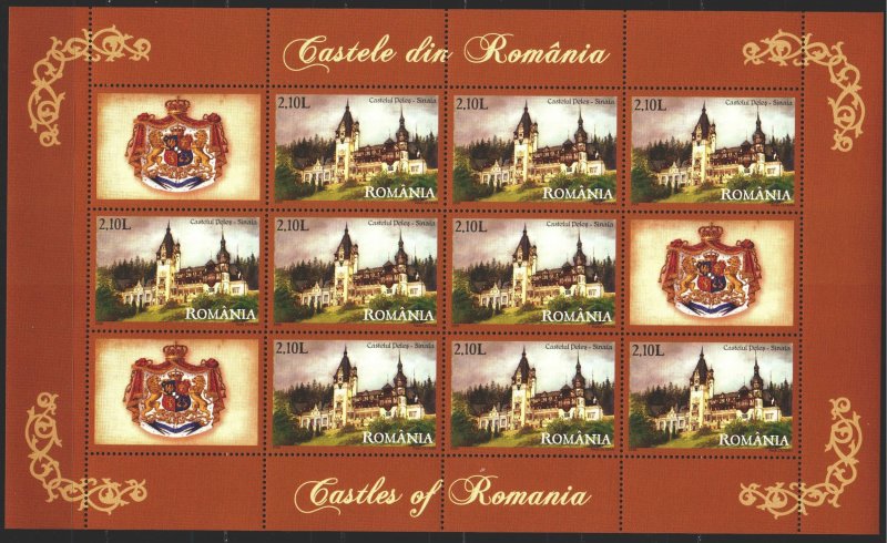 Romania. 2008. Small sheet 6314. Peles castle, architecture, coat of arms. MNH.