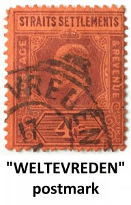 MALAYA STRAITS SETTLEMENTS KEVII 4c SG#112 pmk WELTEVREDEN NETHERLANDS INDIES