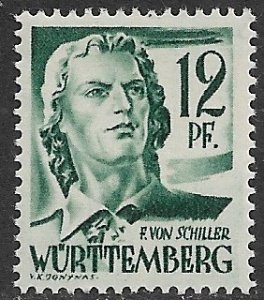 GERMANY FRENCH OCCUPATION WURTTEMBERG 1947-48 12pf SCHILLER Sc 8N4 MNH