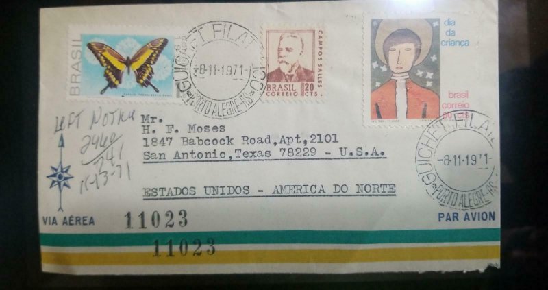 A) 1971, BRAZIL, FROM PORTO ALEGRE TO TEXAS UNITED STATES, AIRMAIL, CANCELATION  