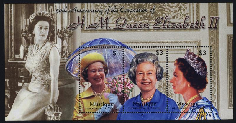 St Vincent Grenadines - Mustique 3-4 MNH Queen Elizabeth Coronation 50th Anniv