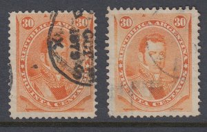Argentina 1873 30c Orange Used x 2 Shades. Scott 24