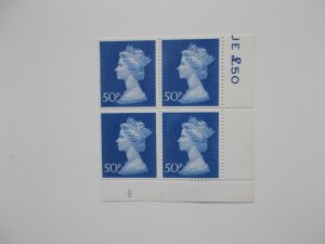 1970 50p Machin High Value in Plate Block of 4 (Plate 9) on Post Office Paper