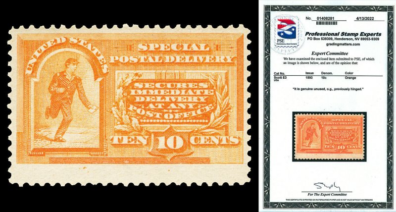 Scott E3 1893 10c Special Delivery Issue Mint F-VF OG LH Cat $300 with PSE CERT!
