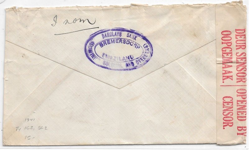 Swaziland to Irvington, NY 1941 South Africa Censor Ty 1C2, Sc 2 (C5639)