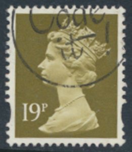 GB  Machin 19p SG Y1682  Used  Yellow band SC# MH208  see scans & details