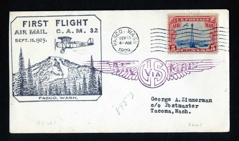 # C11 on CAM # 32 First Flight cover from Pasco, WA to Tacoma, WA - 9-15-1929