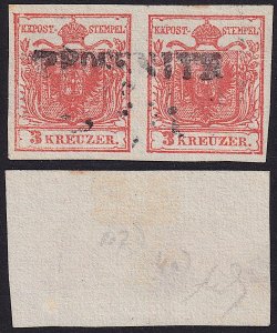 Austria - 1850 - Scott #3 - used pair - Type I - PROSSNITZ pmk - plate flaw