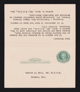 US REPLY CARD ENTIRE SCOTT #UY7 (PM4 + PR4) 1915 PREPRINTED MASONIC