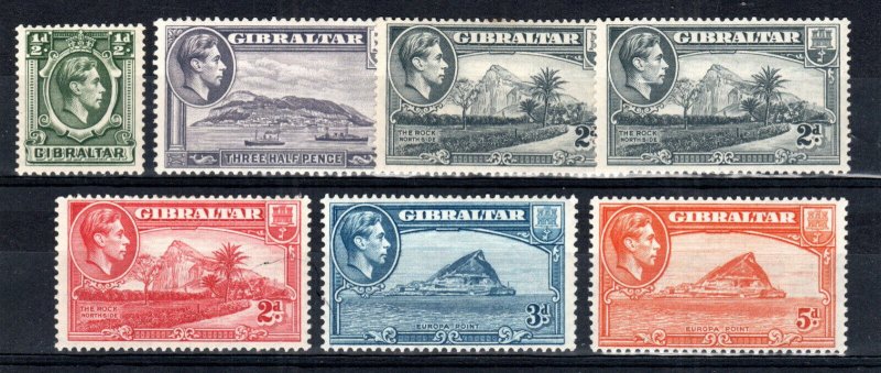 Gibraltar 1938-51 values to 5d SG 121, 123b, 124, 124a, 124c, 1 25b and 126c MH