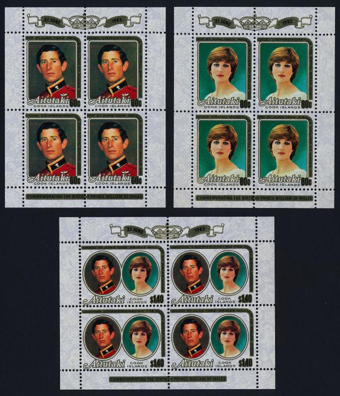 Aitutaki 265-7 sheets MNH Princess Diana, Royal Birth o/p