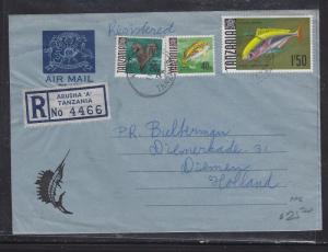 TANZANIA COVER  (P1108B)  1972 REG AEROGRAM FISH 20C+40C+1/50 TO HOLLAND 